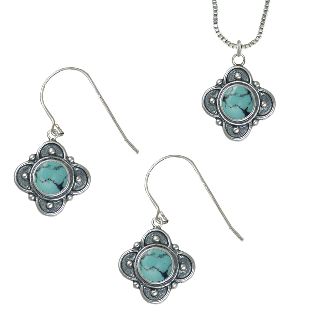 Sterling Silver Necklace Earrings Set With Chinese Turquoise